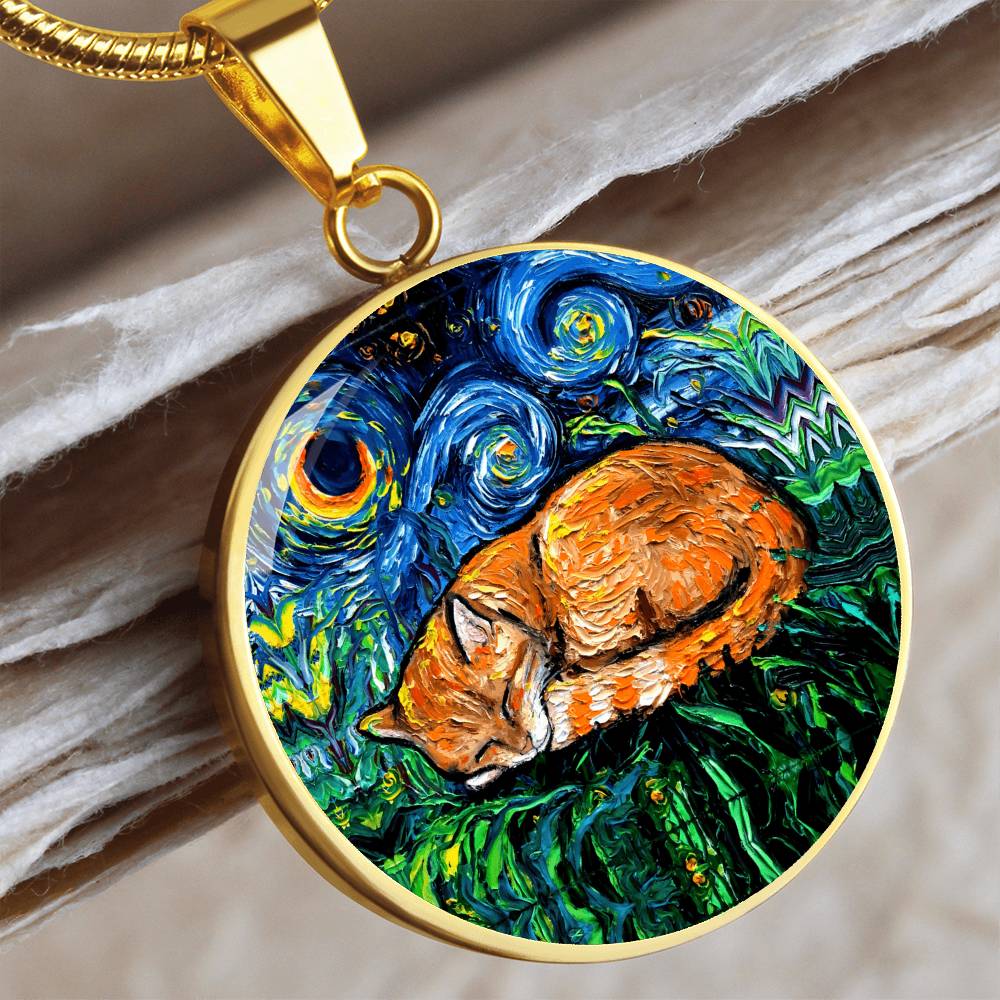Sleeping Orange Tabby Cat Starry Night Round Necklace