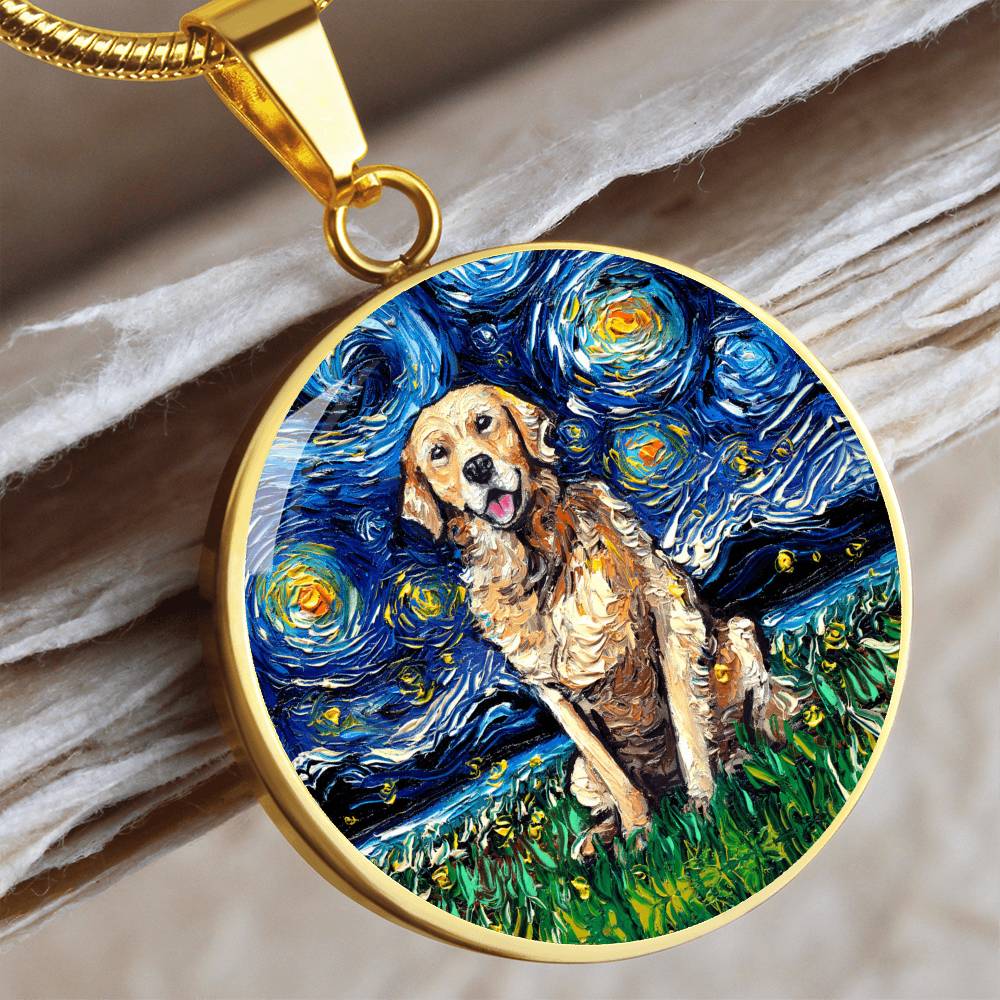 Golden Retriever Starry Night Round Necklace