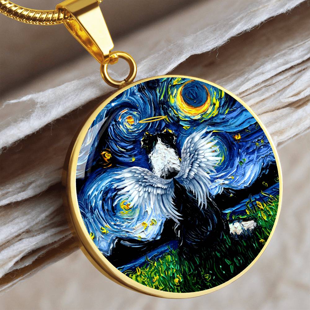 Angel Border Collie Starry Night Round Necklace