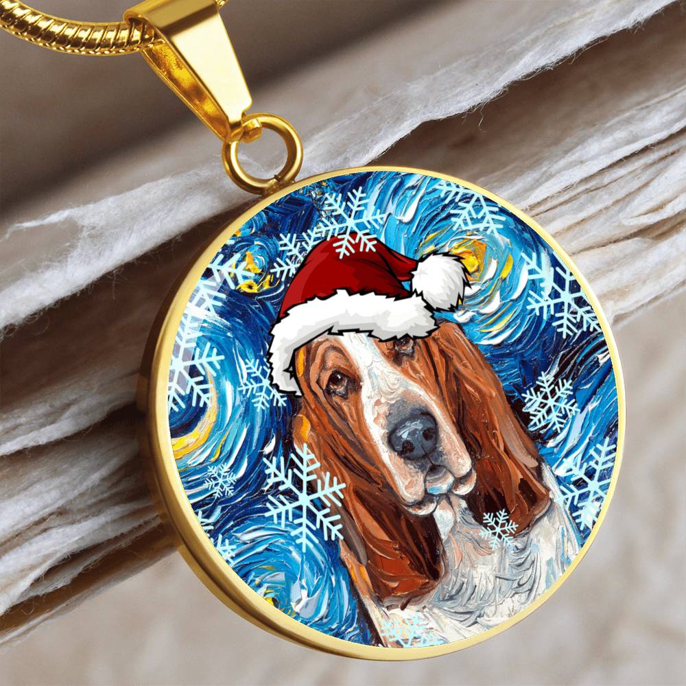 Basset Hound In Santa Hat Starry Night Round Necklace.