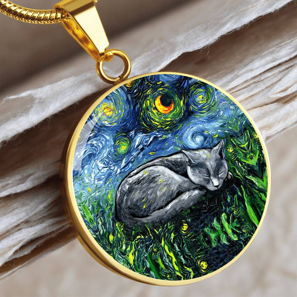 Sleeping Russian Blue Cat Starry Night Round Necklace