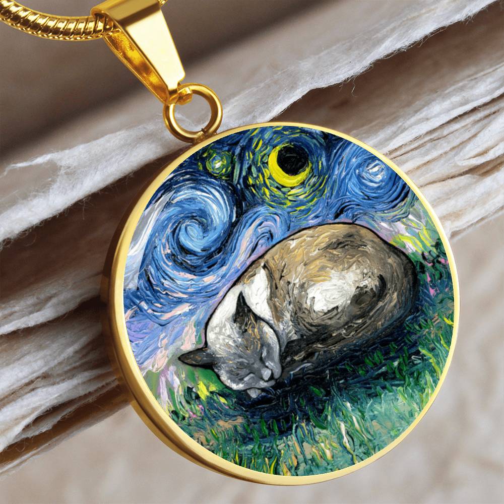 Sleeping Siamese Cat Starry Night Round Necklace