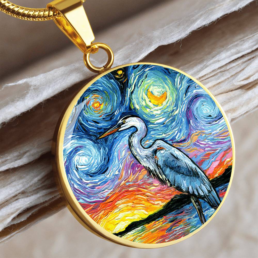 Blue Heron Starry Night Round Necklace