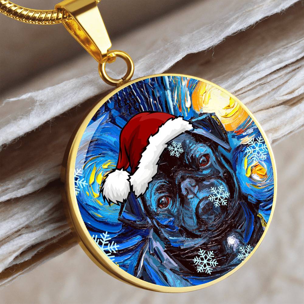 Santa Black Pug Starry Night Round Necklace