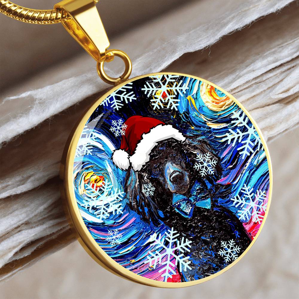 Santa Black Poodle Starry Night Round Necklace