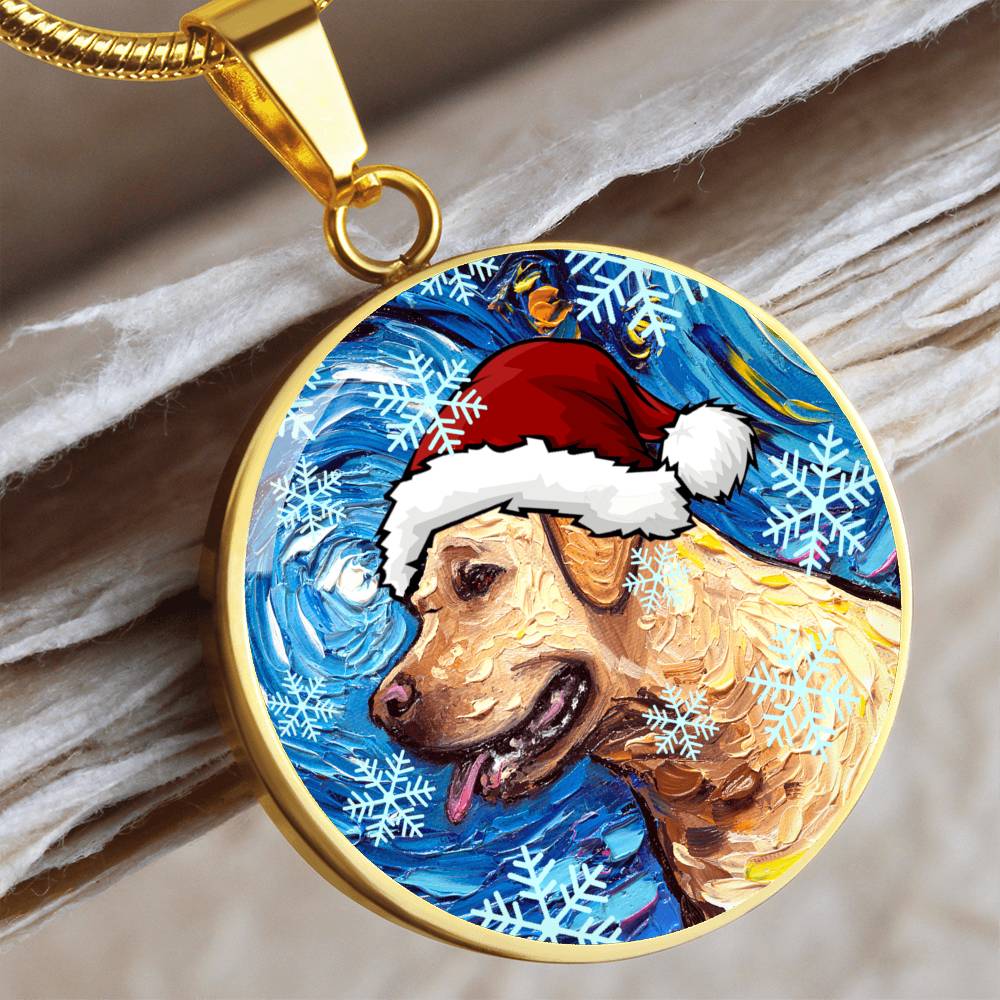 Yellow Labrador In Santa Hat Starry Night Round Necklace