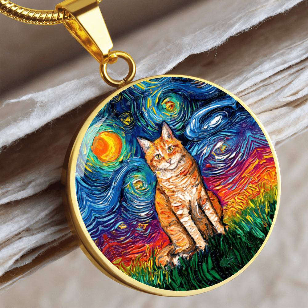 Seated Orange Tabby Cat Starry Night Heart Necklace