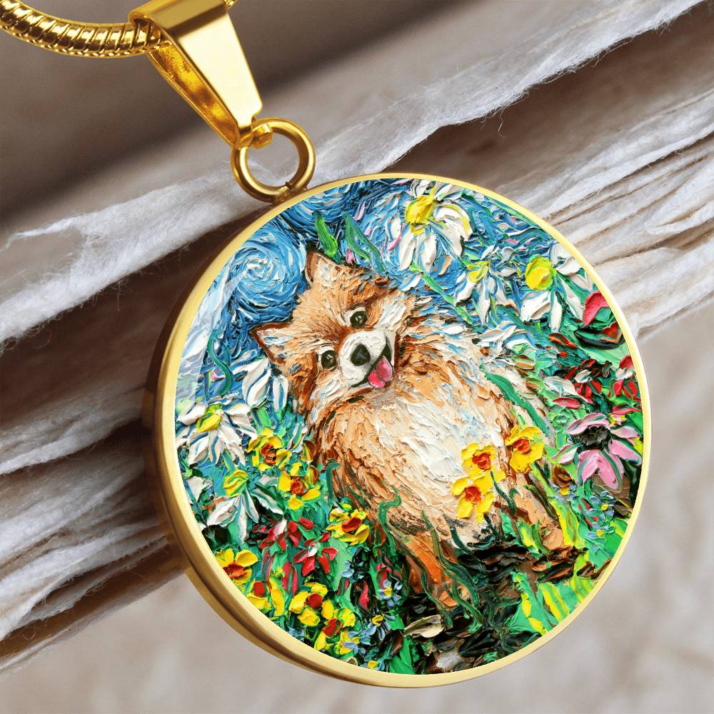 Happy Pomeranian Starry Night Round Necklace