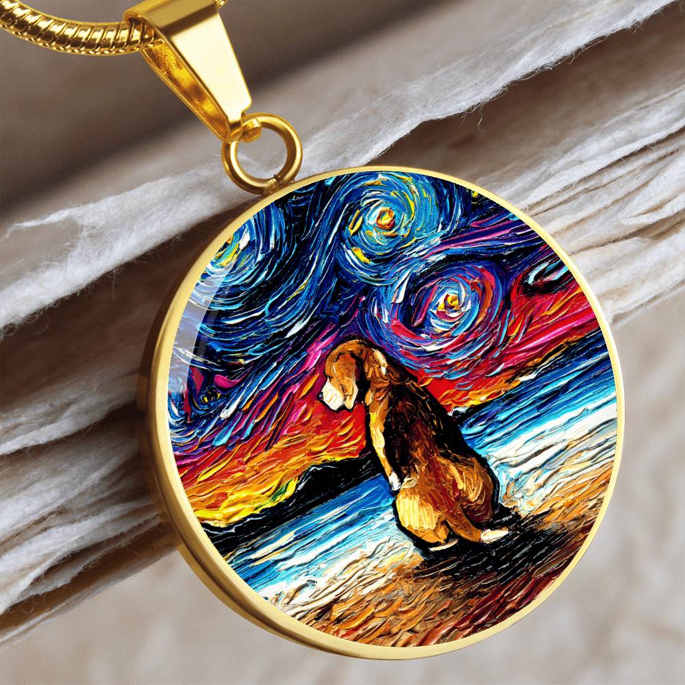 Beagle at the Beach Starry Night Round Necklace