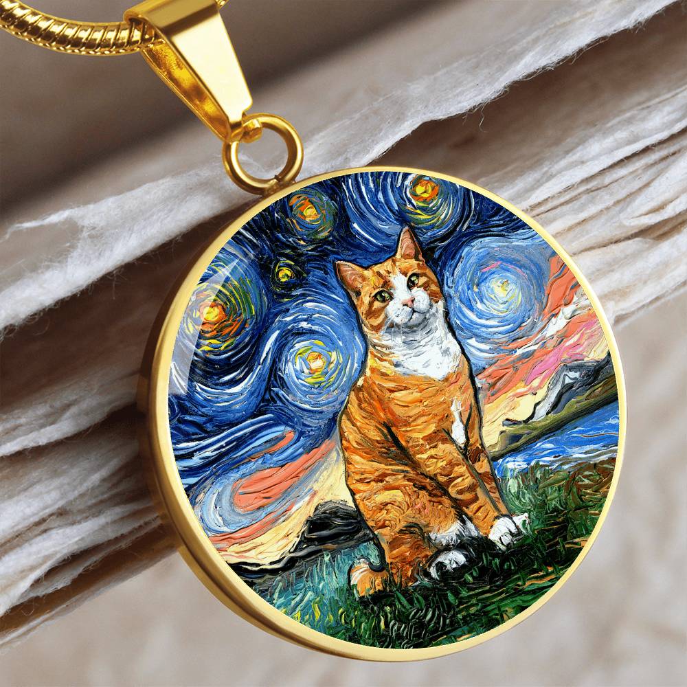 Orange Tuxedo Tabby Starry Night Round Pendant