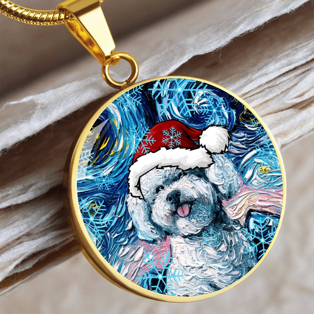 Bichon Frise In Santa Hat Starry Night Round Necklace