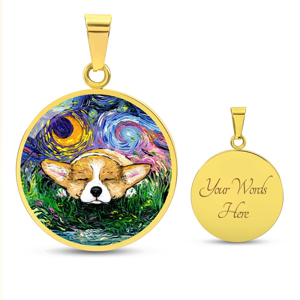 Sleeping Corgi Starry Night Round Necklace