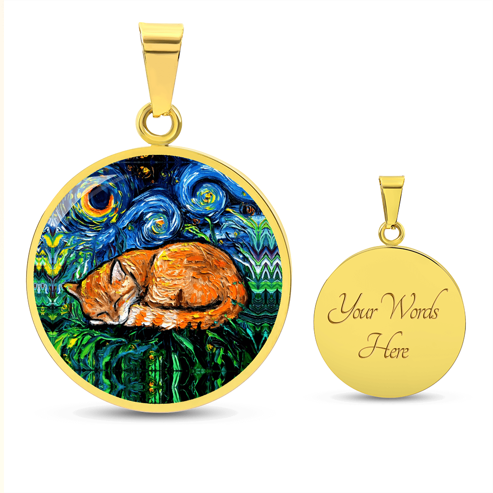 Sleeping Orange Tabby Cat Starry Night Round Necklace