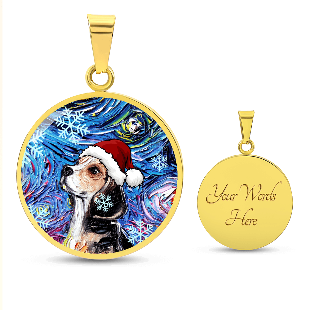 Beagle In Santa Hat Starry Night Round Necklace