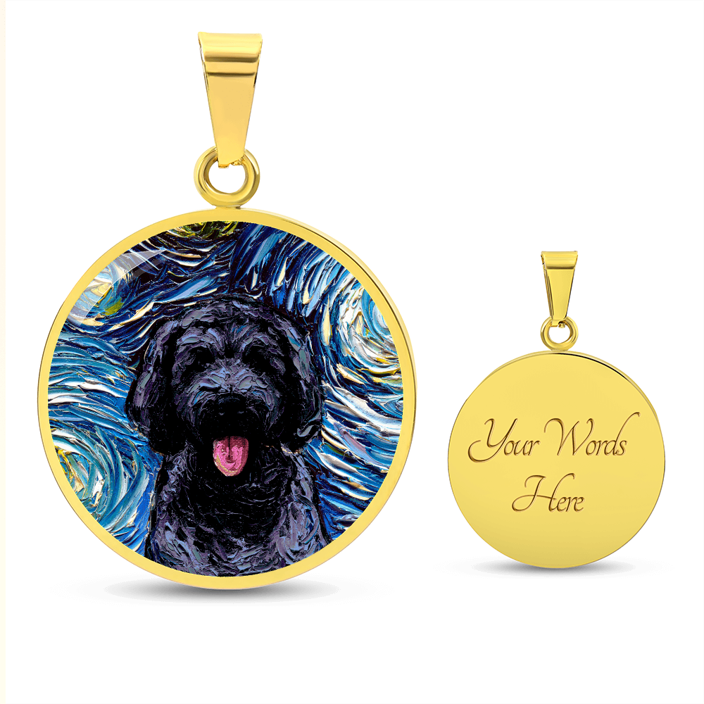 Black Goldendoodle Portrait Starry Night Round Necklace