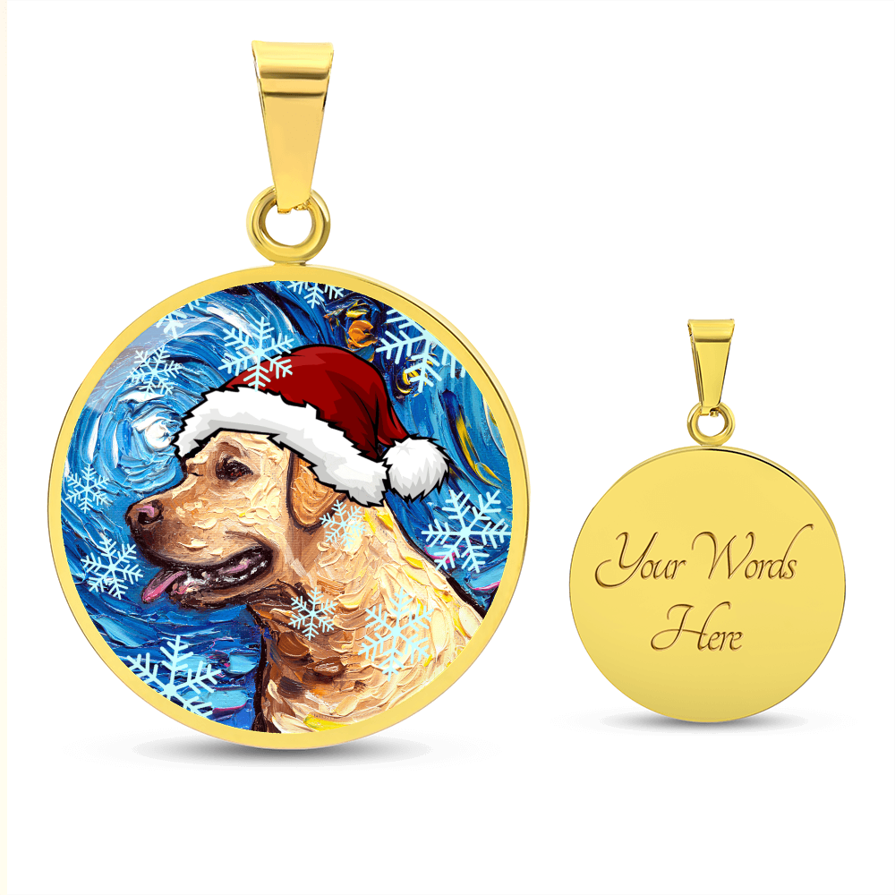 Yellow Labrador In Santa Hat Starry Night Round Necklace