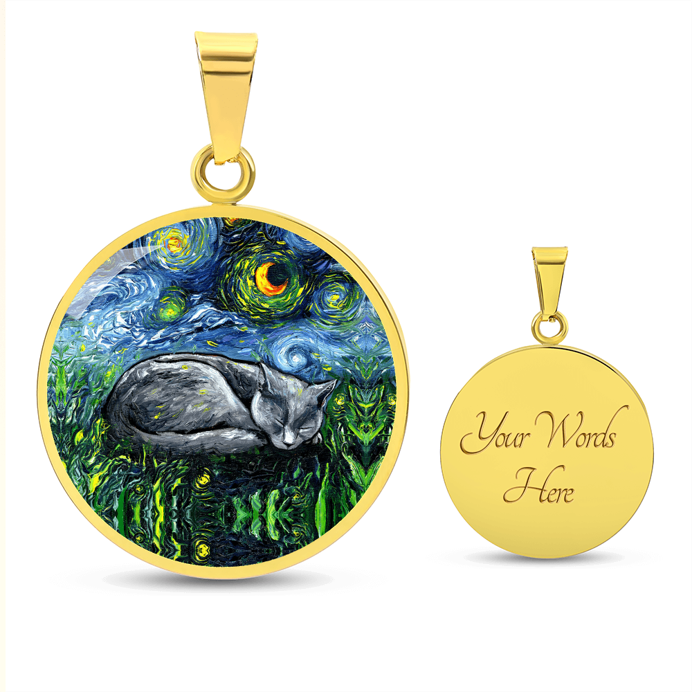 Sleeping Russian Blue Cat Starry Night Round Necklace