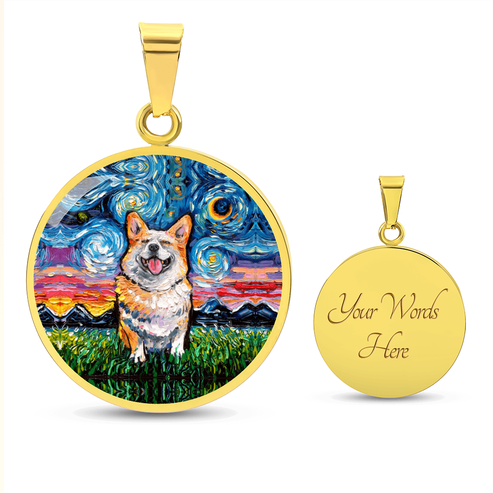 Smiling Corgi Starry Night Round Necklace