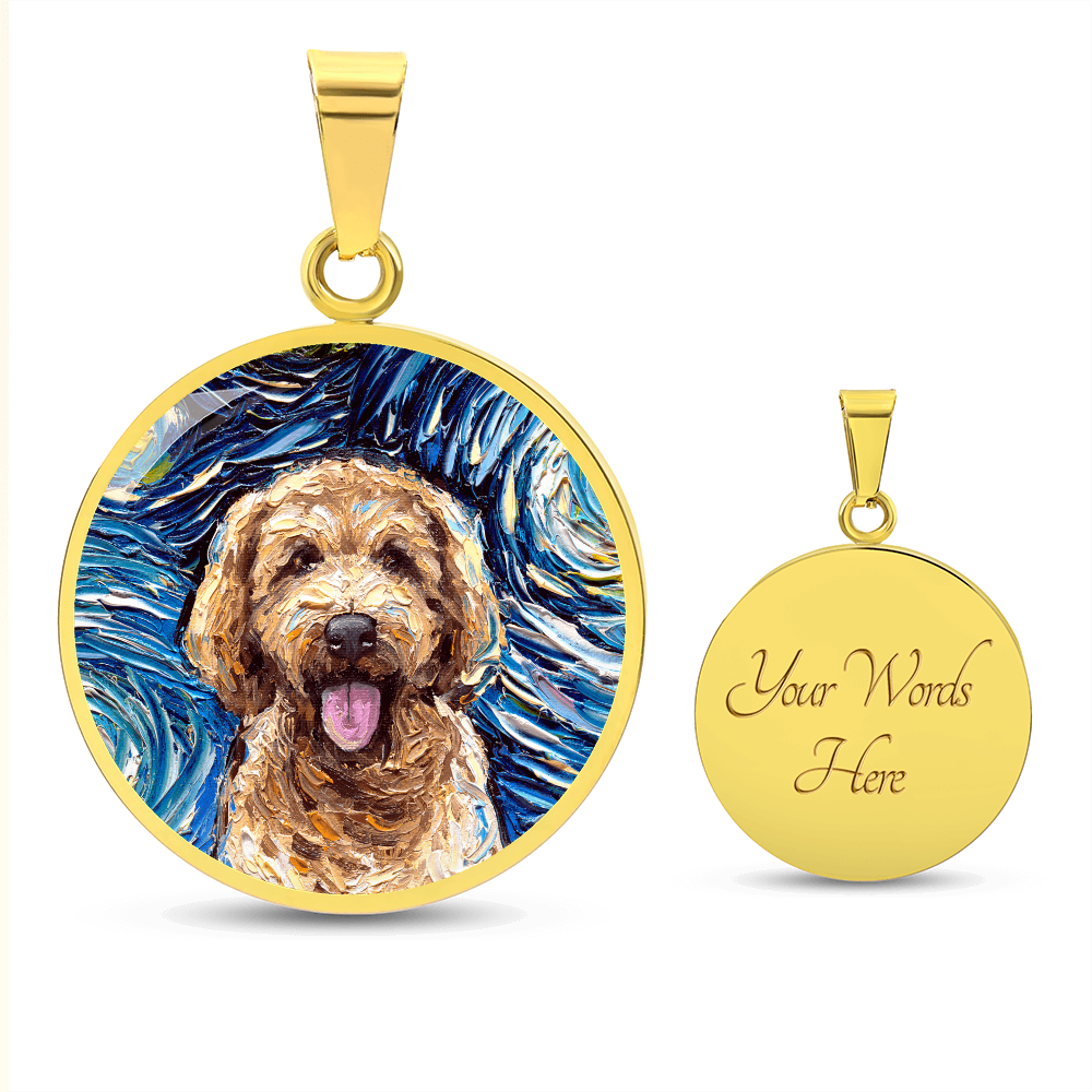 Goldendoodle Portrait Starry Night Round Necklace