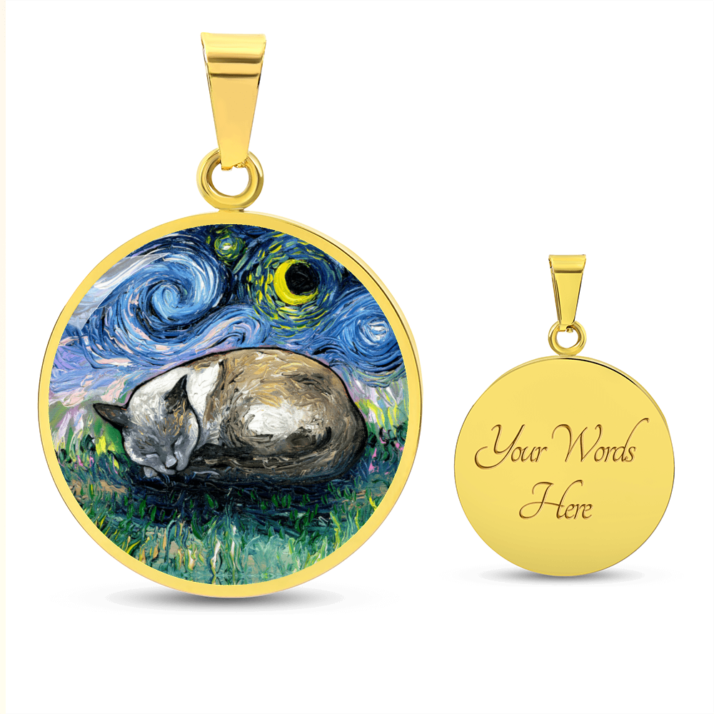 Sleeping Siamese Cat Starry Night Round Necklace
