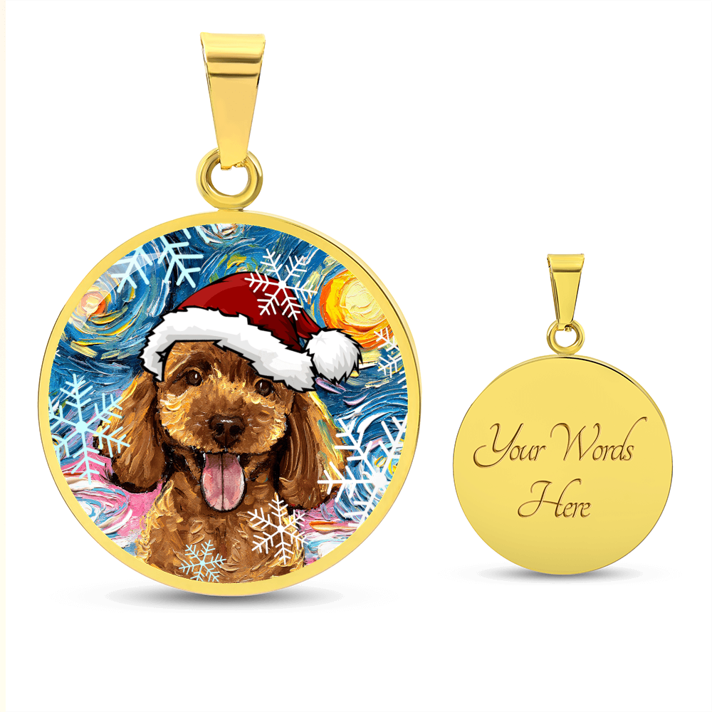 Apricot Poodle In Santa Hat Starry Night Round Necklace
