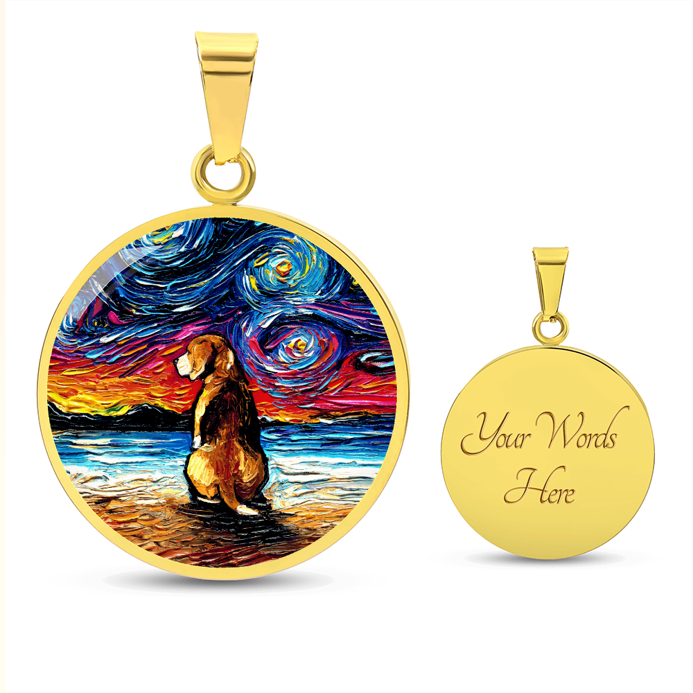 Beagle at the Beach Starry Night Round Necklace