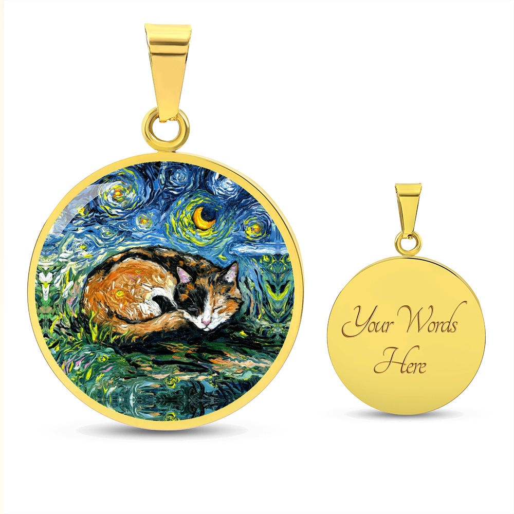 Sleeping Calico Cat Starry Night Round Necklace