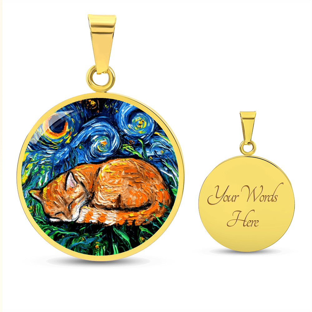 Sleeping Orange Tabby Cat Starry Night Round Necklace
