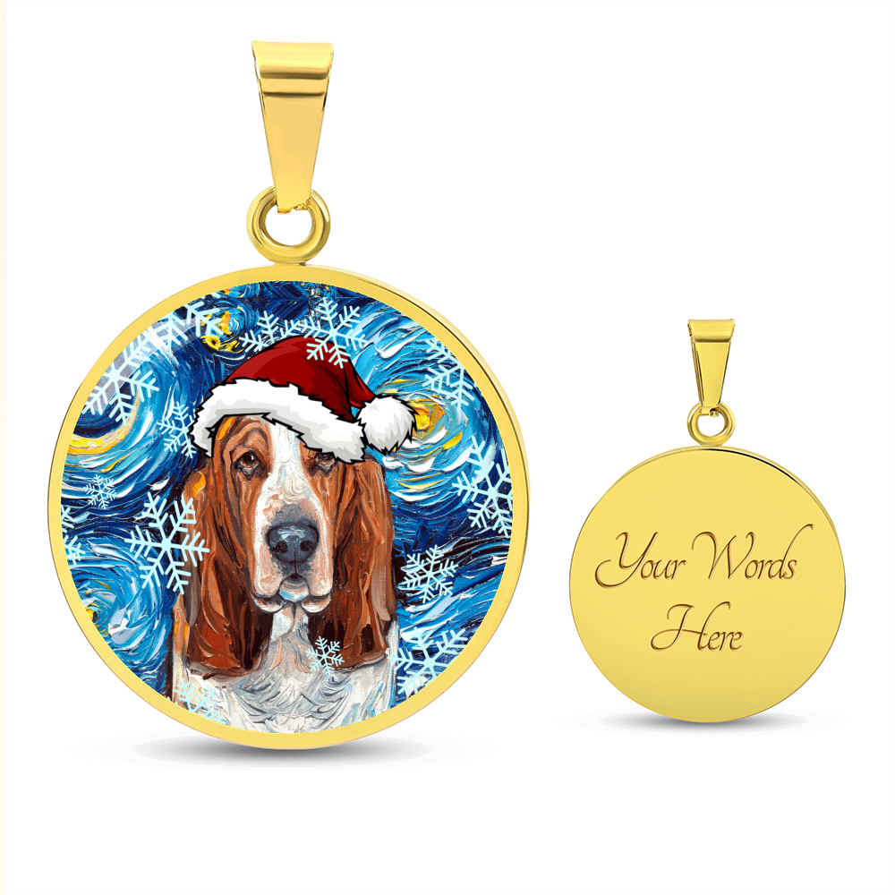 Basset Hound In Santa Hat Starry Night Round Necklace.
