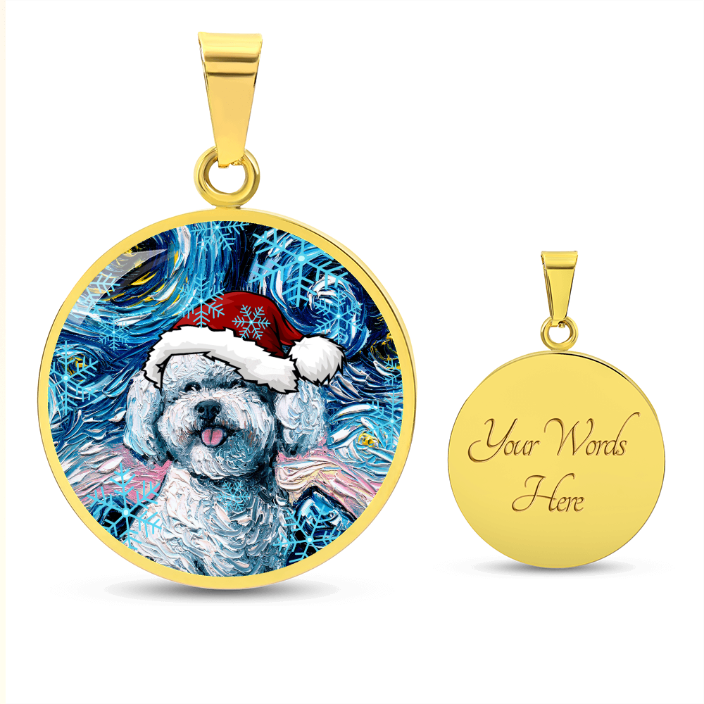 Bichon Frise In Santa Hat Starry Night Round Necklace