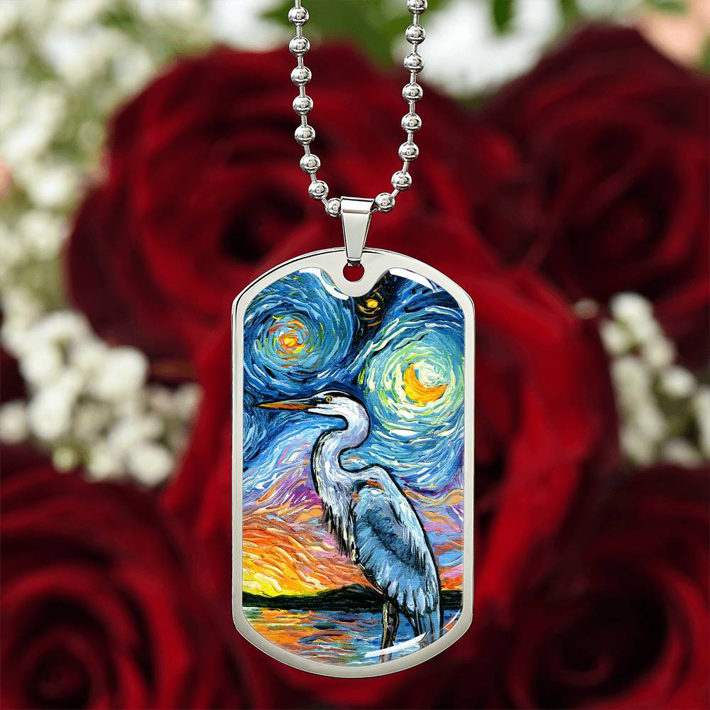 Blue Heron Starry Night Dog Tag Necklace