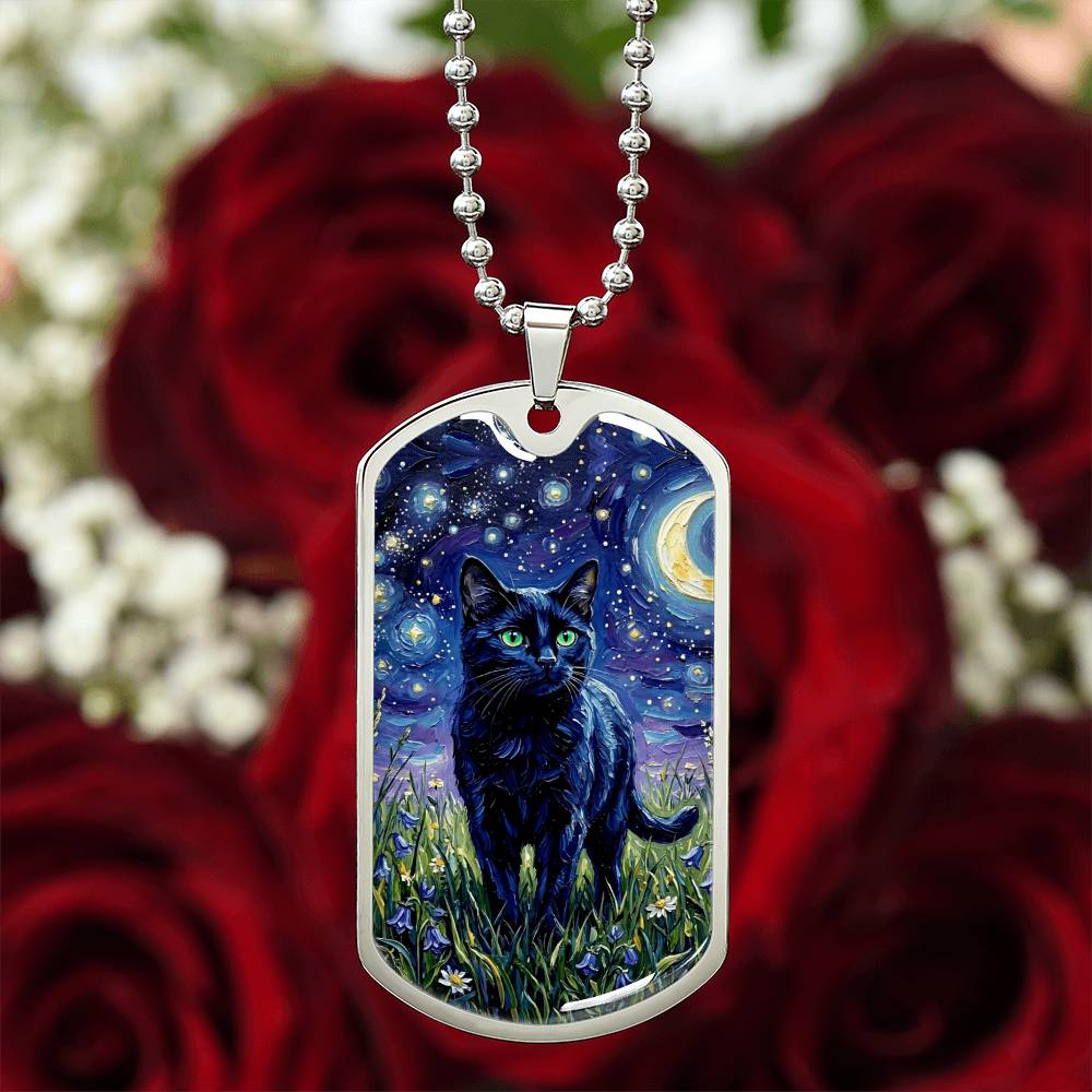 Amongst The Flowers - Black Cat Dog Tag Necklace