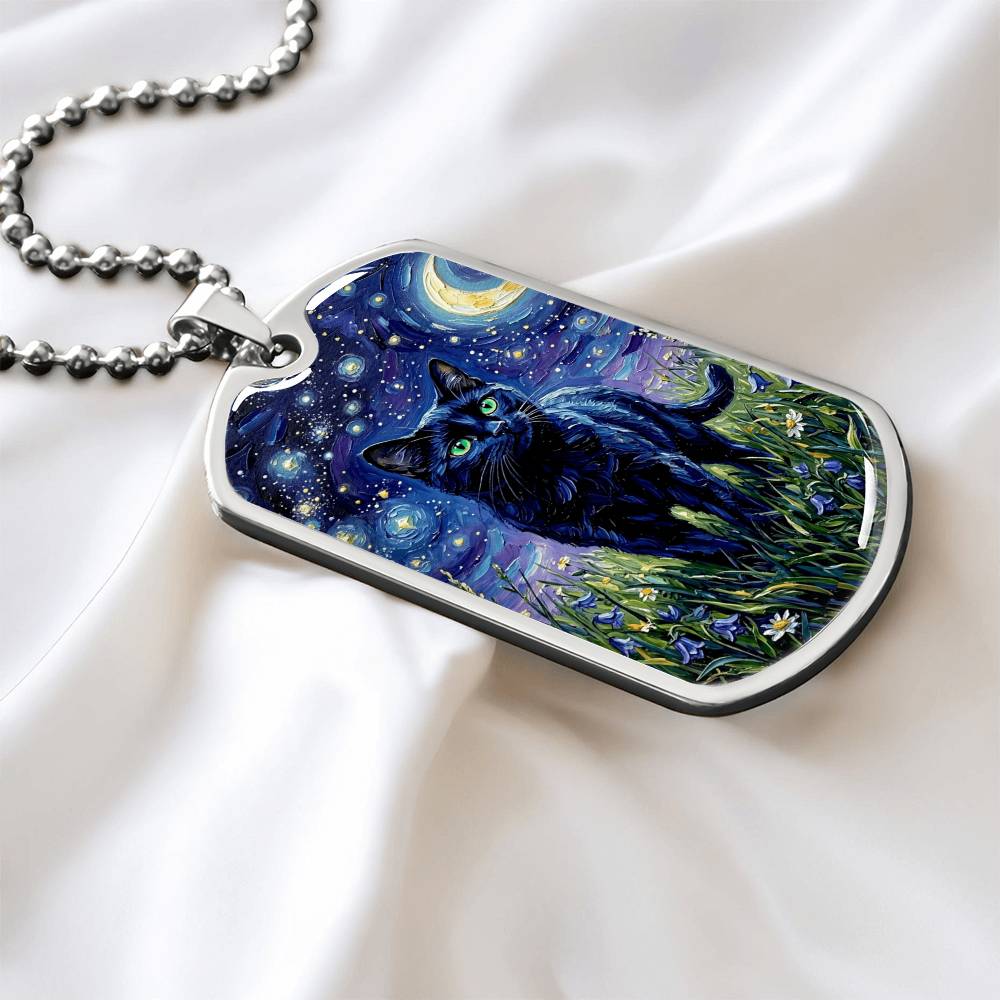 Amongst The Flowers - Black Cat Dog Tag Necklace