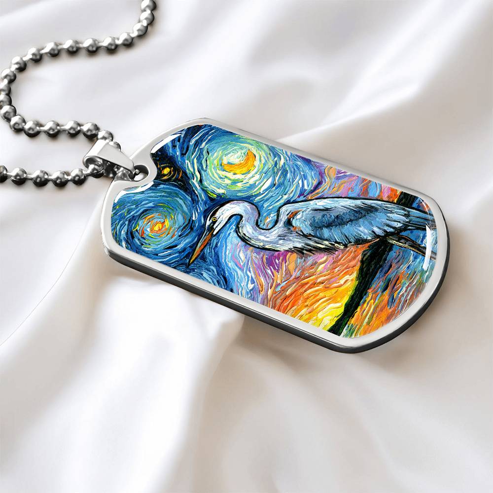 Blue Heron Starry Night Dog Tag Necklace