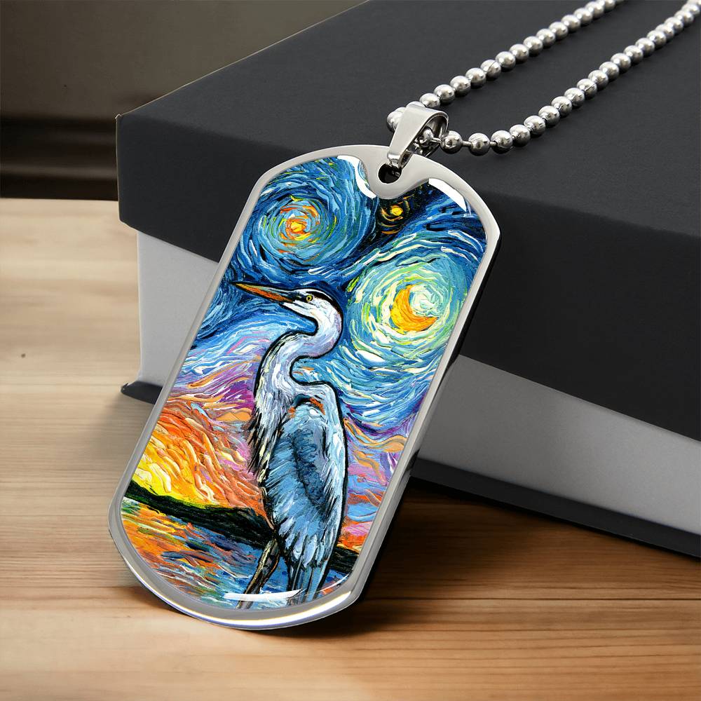 Blue Heron Starry Night Dog Tag Necklace