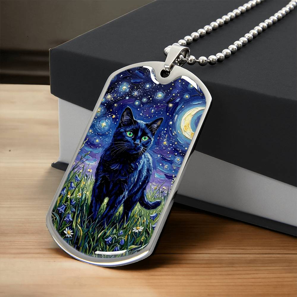 Amongst The Flowers - Black Cat Dog Tag Necklace