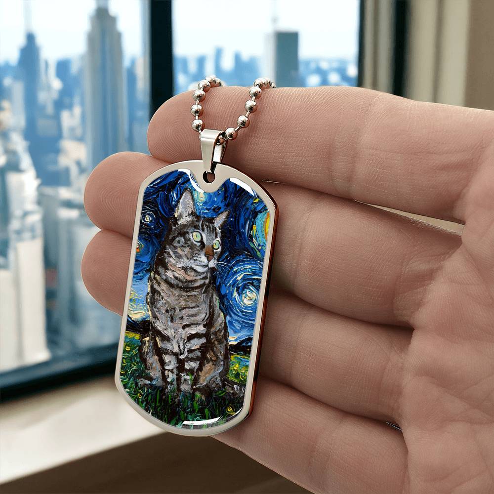 Tabby Cat Starry Night Dog Tag Keychain