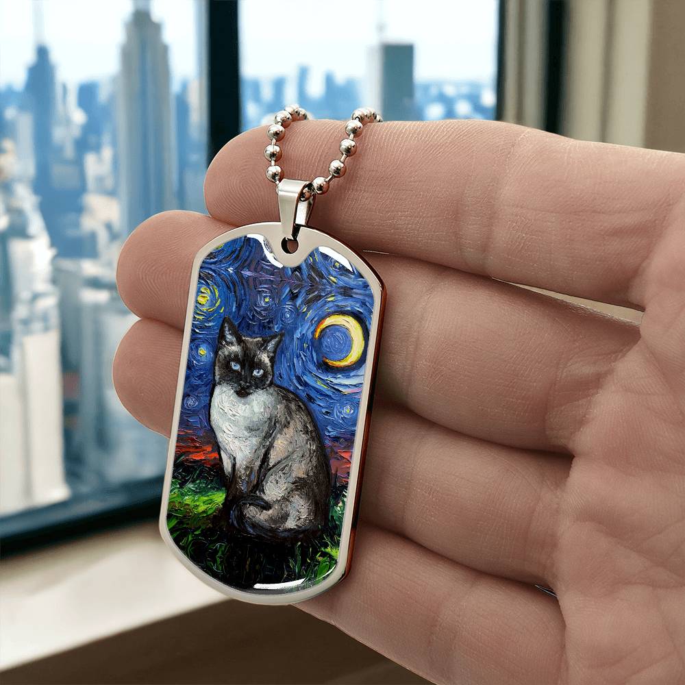 Siamese Cat Starry Night Dog Tag Necklace