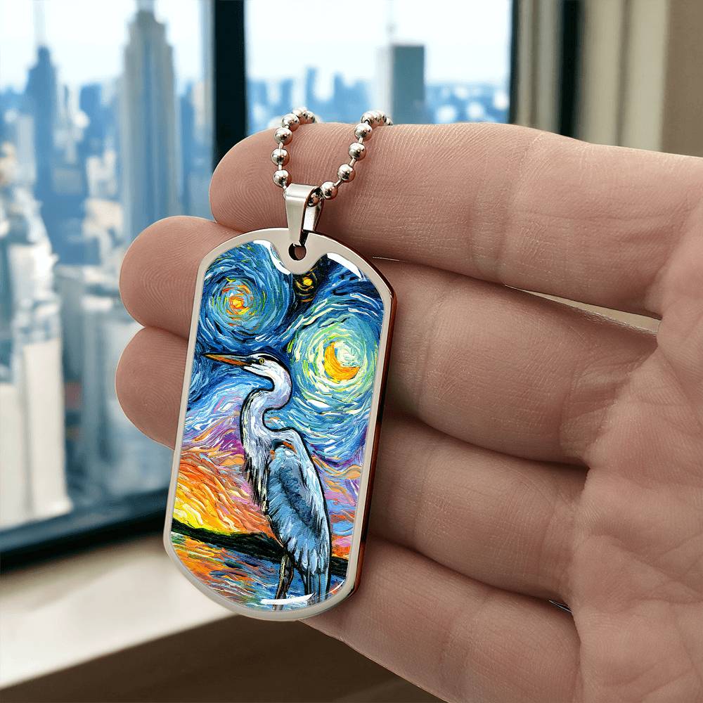 Blue Heron Starry Night Dog Tag Necklace