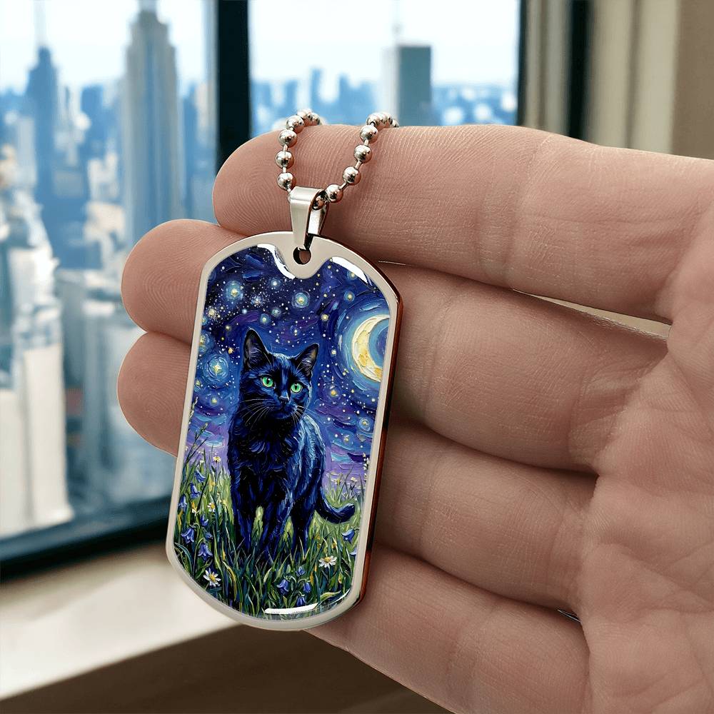 Amongst The Flowers - Black Cat Dog Tag Necklace