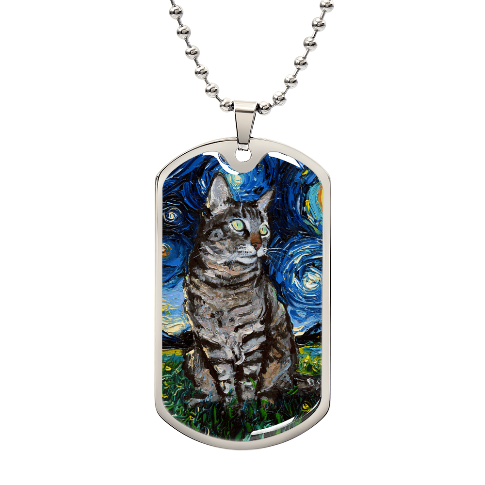 Tabby Cat Starry Night Dog Tag Keychain