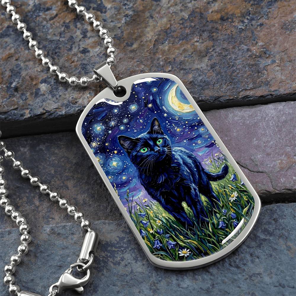 Amongst The Flowers - Black Cat Dog Tag Necklace