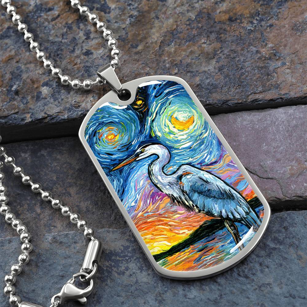 Blue Heron Starry Night Dog Tag Necklace