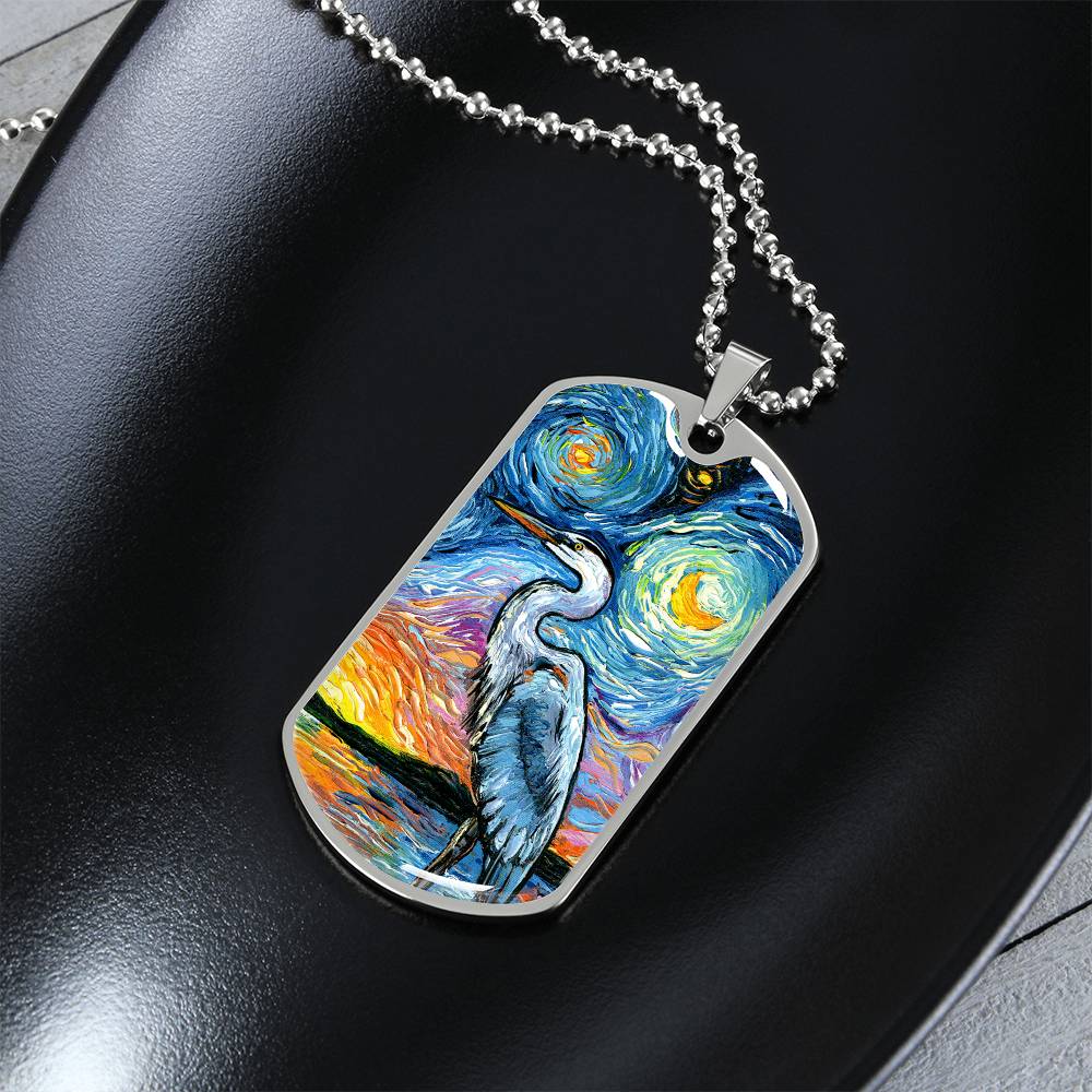 Blue Heron Starry Night Dog Tag Necklace