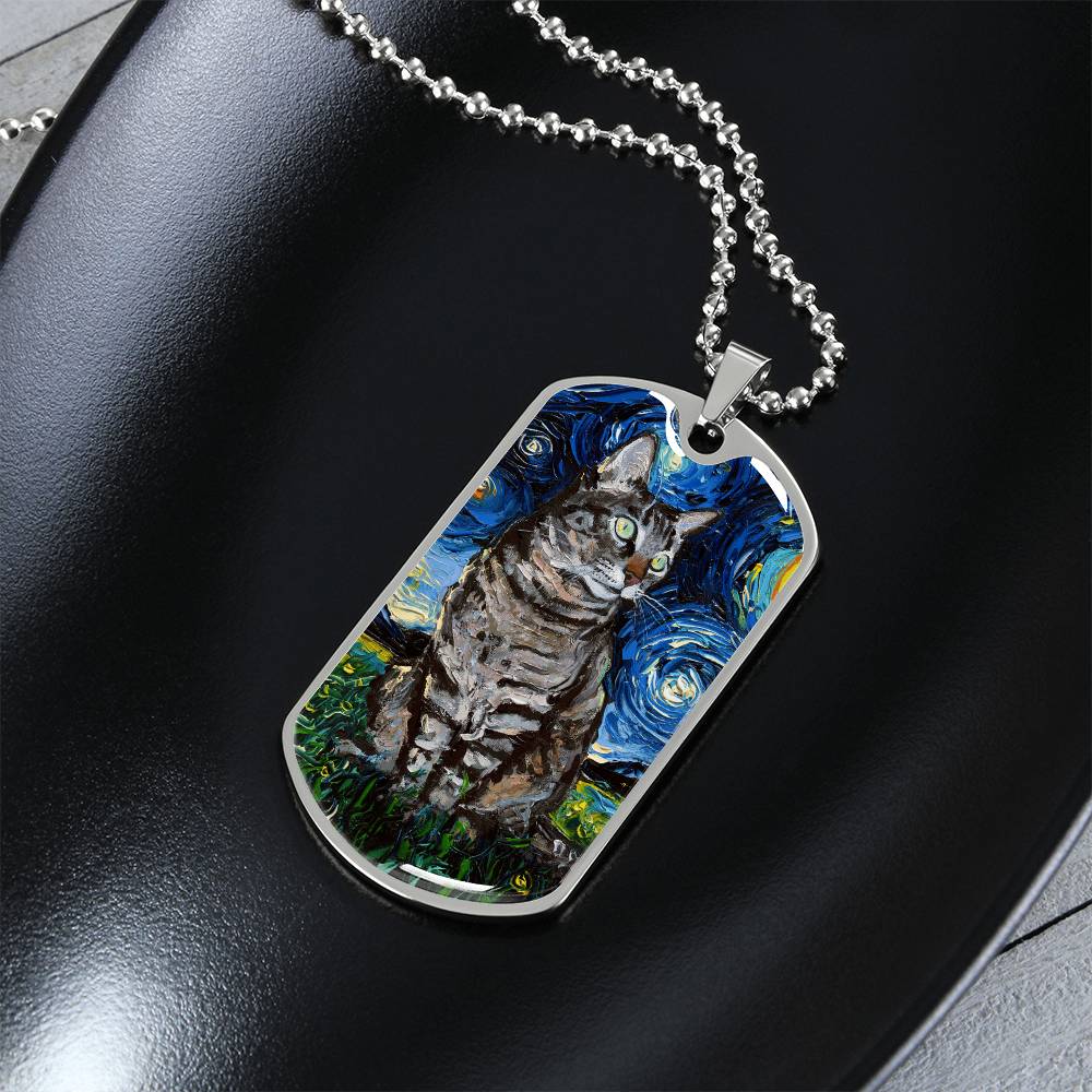 Tabby Cat Starry Night Dog Tag Keychain