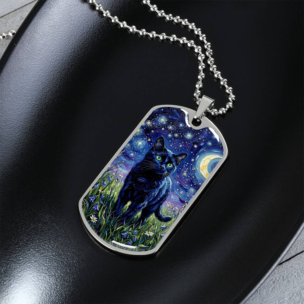 Amongst The Flowers - Black Cat Dog Tag Necklace