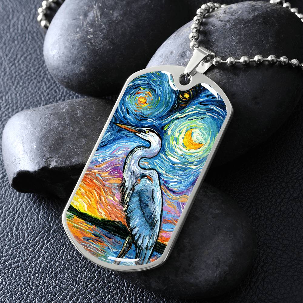 Blue Heron Starry Night Dog Tag Necklace