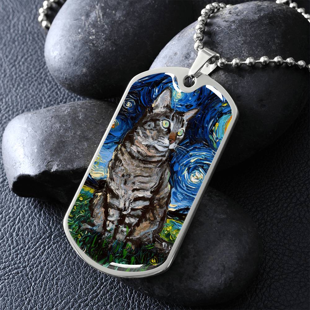 Tabby Cat Starry Night Dog Tag Keychain