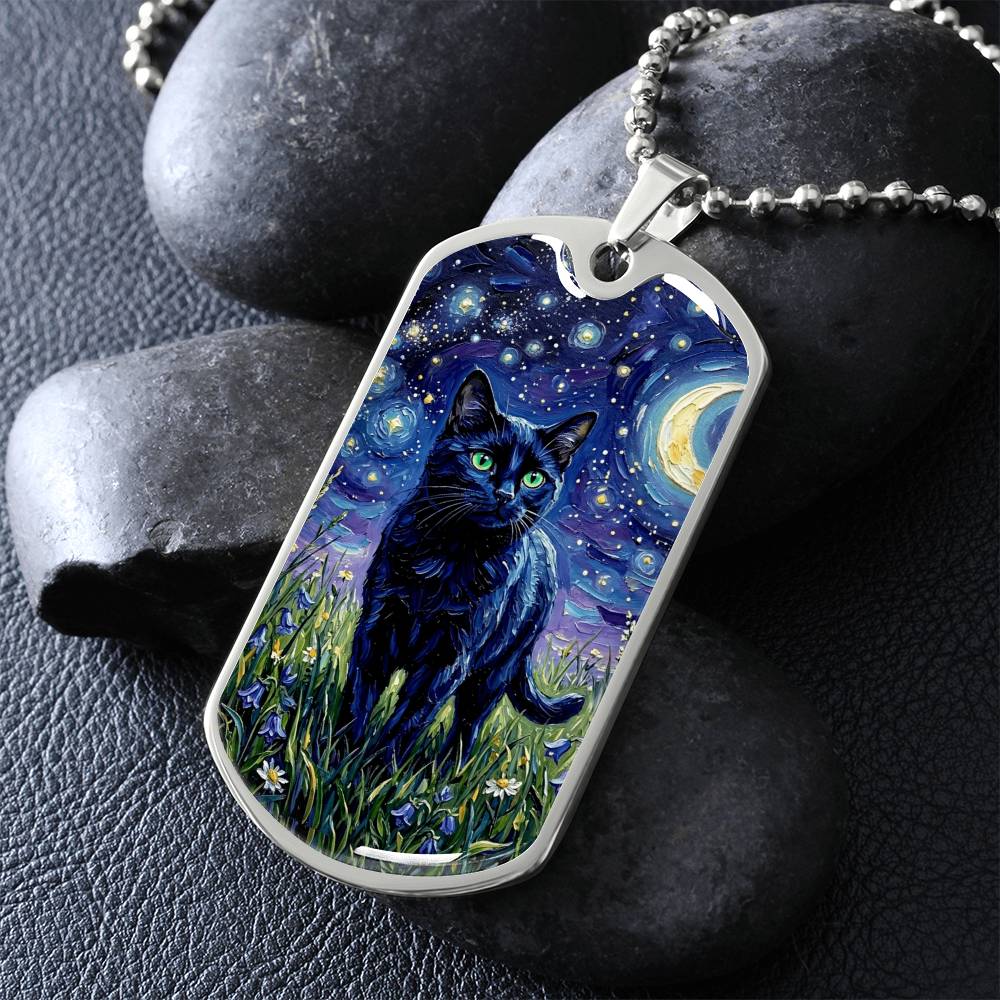 Amongst The Flowers - Black Cat Dog Tag Necklace
