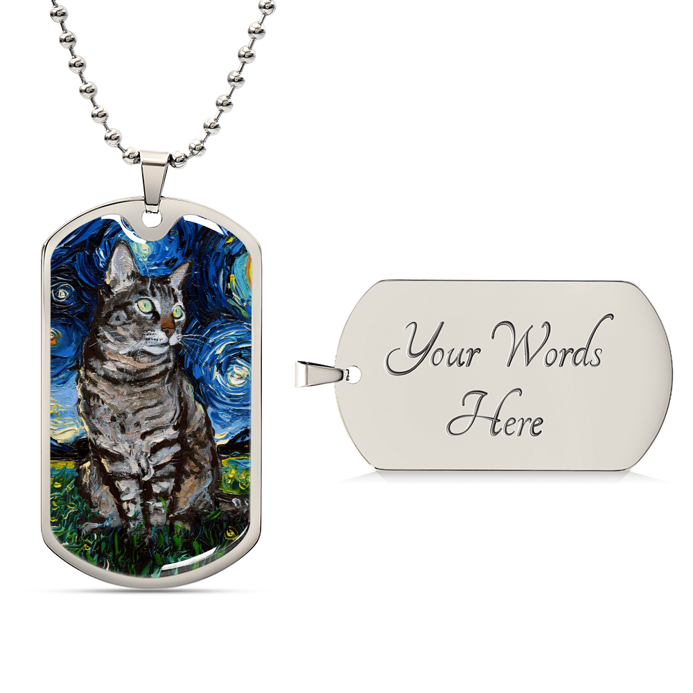Tabby Cat Starry Night Dog Tag Keychain